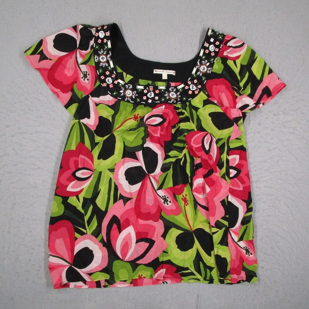 Nanette Lepore Silk Floral Beaded Blouse Pink Green Black Size 4 Tropical Top